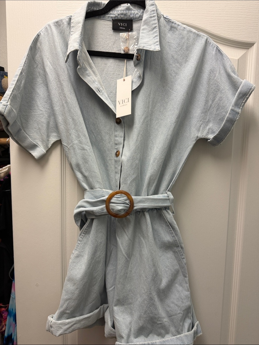 VICI Light Blue women’s Denim One-Piece Romper with Wooden Buckle Belt